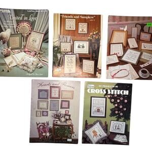 Cross Stitch Sampler Pattern Lot – 5 Leaflets & Magazines – Floral, Hearts Vntg